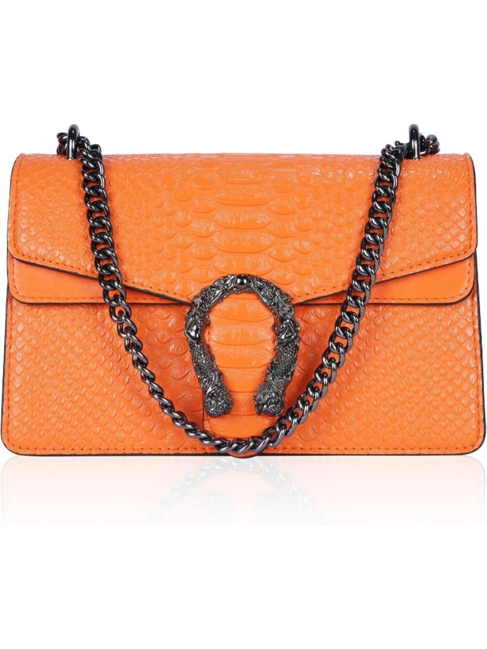 Women's Orange Leather Cross Body Satchel Classic Snake Print Chain Bag